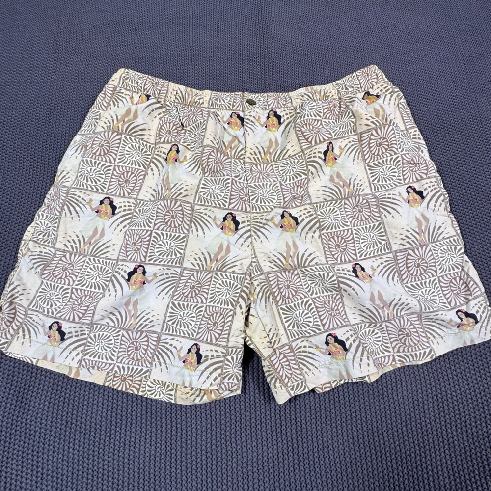 Tommy Bahama Mens Hula Girl Shell Hawaiian‎ Print Swim Trunks Tan Nylon Lined XL